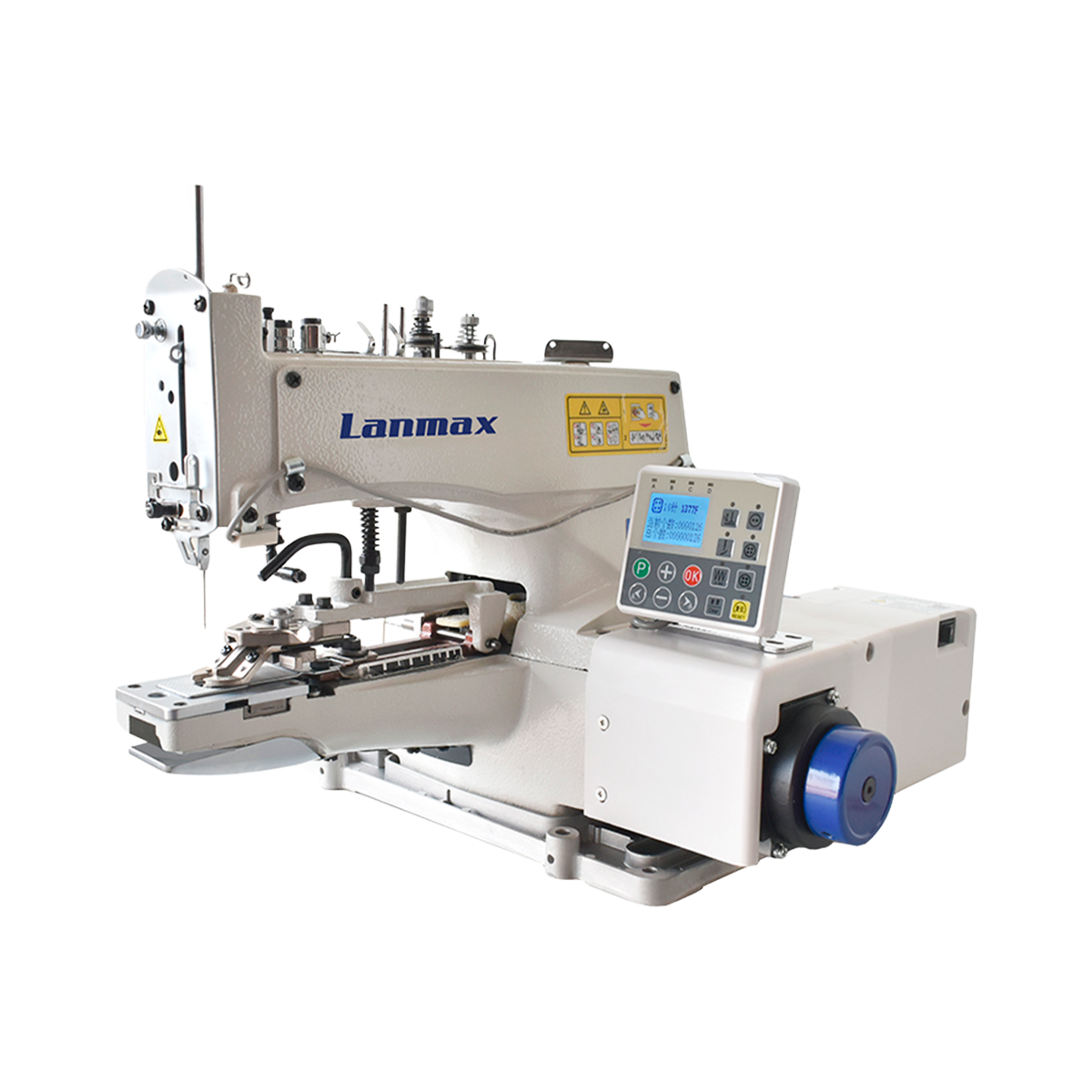 Máquina botoneira industrial de 1 agulha com motor Direct Drive e base cilíndrica. Possui sistema inovador de levantamento de calcador automático via motor de passo, garantindo acionamento rápido, preciso e com baixo ruído. Equipada com corte de linha automático e lubrificação manual, é ideal para aplicação de botões em camisas, polos, blusas e calças com alta eficiência e baixa manutenção.