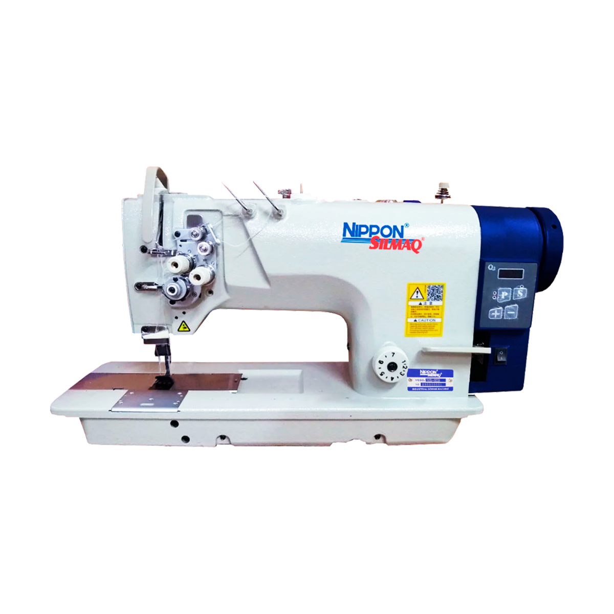 Máquina de costura pesponto duplo industrial com barra de agulha fixa e transporte duplo (agulha e dente). Equipada com motor Direct Drive, parada de agulha programável e lubrificação automática. Ideal para pespontar costuras de interlock em bermudas, calças e jeans.